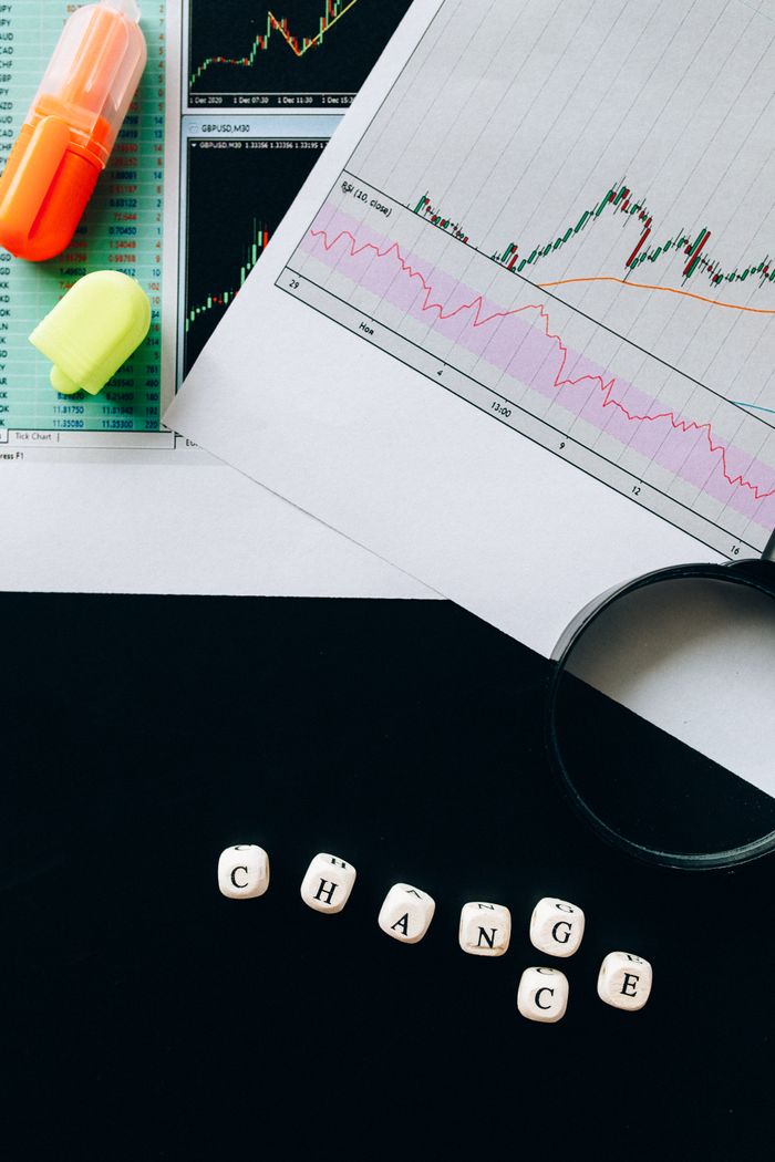 why-choose-us A flat lay image featuring financial charts, highlighters, and dice spelling CHANGE on a black background.